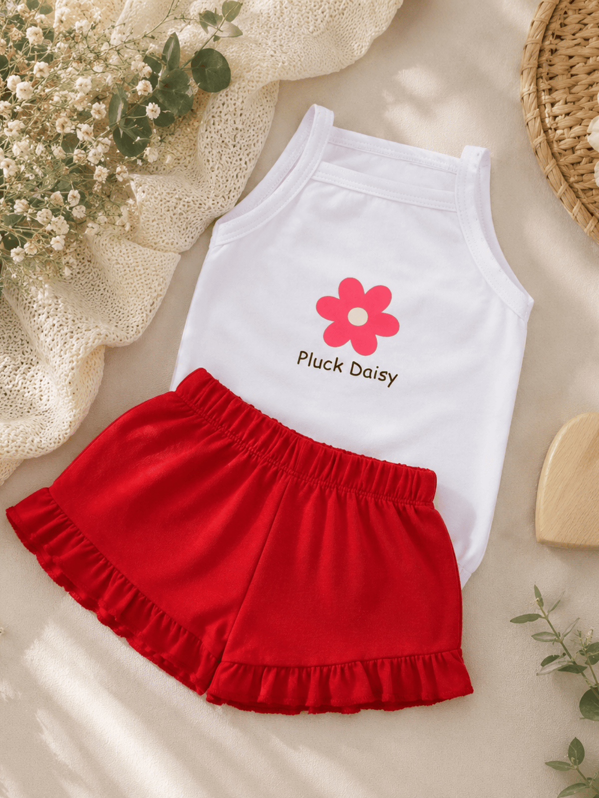 Conjunto Infantil Bebê Menina Floral com Short Babadinho Vermelho