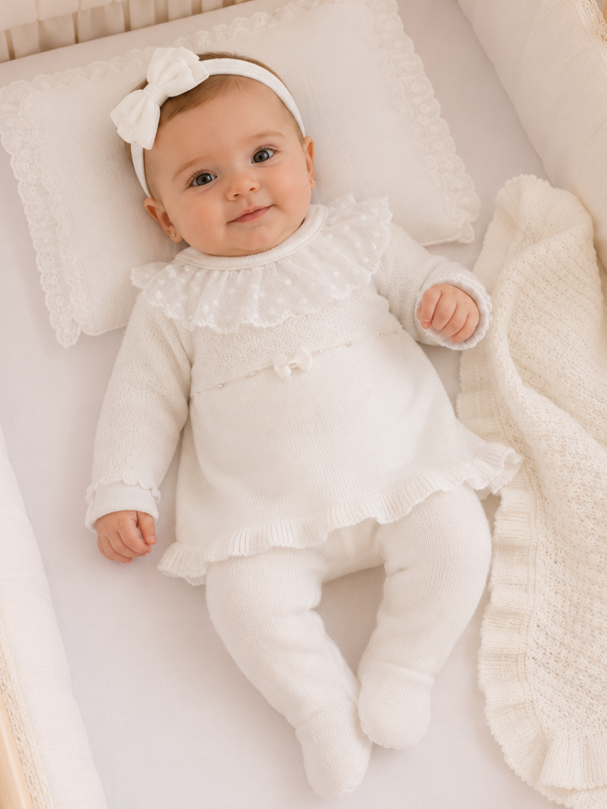 Kit Saída Maternidade Menina Tricô e Renda Off-White com Manta