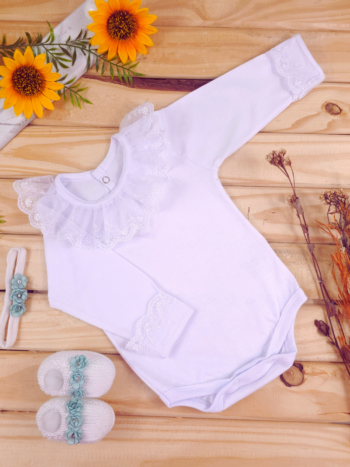 Body Bebê Manga Longa com Gola Rendada Delicado 100% Algodão