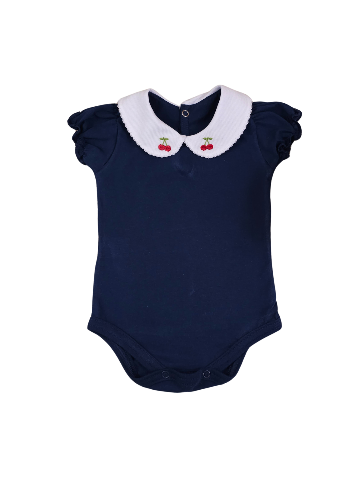 Body Bebê Menina Marinho com Gola Cereja Delicado Manga Curta 100% Algodão