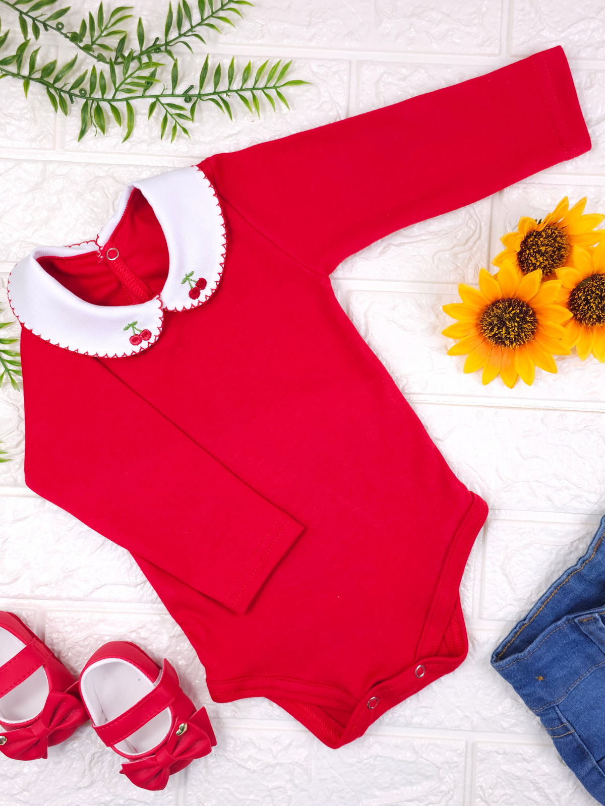Body Infantil Bebê Menina Vermelho com Gola Cereja Manga Longa 100% Algodão