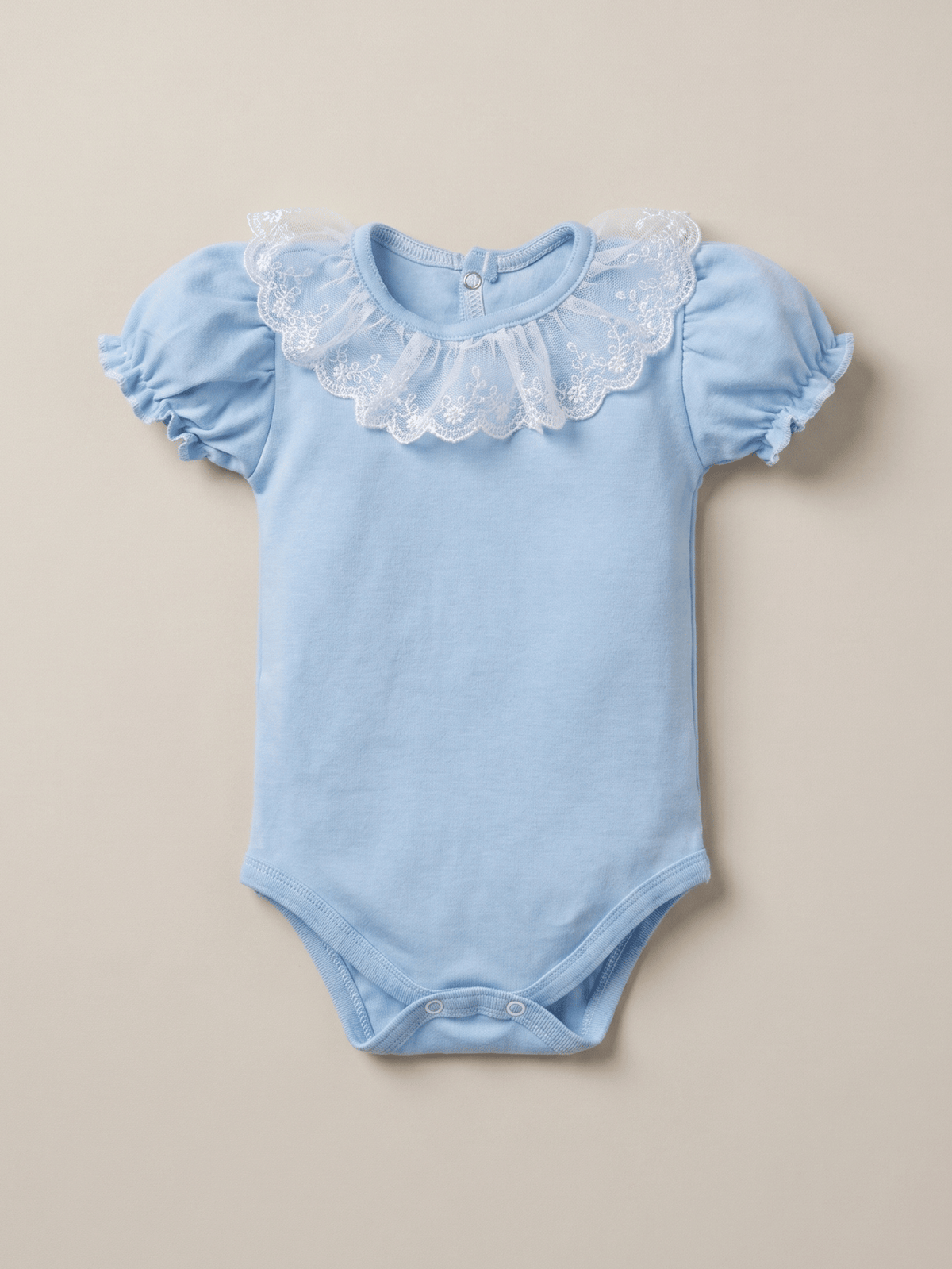Body Infantil para Bebê Menina Azul com Gola Rendada Algodão Premium