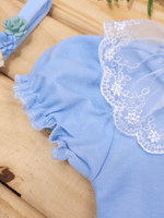 Body Infantil para Bebê Menina Azul com Gola Rendada Algodão Premium
