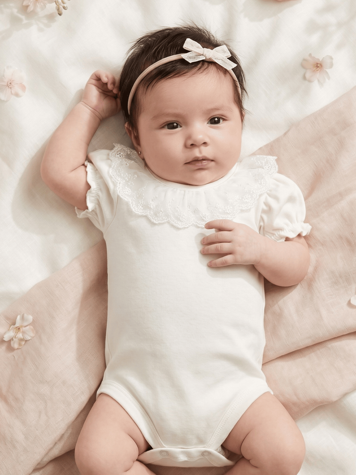 Body Bebê Menina Off-White 100% Algodão Gola Rendada Manga Curta RN ao G