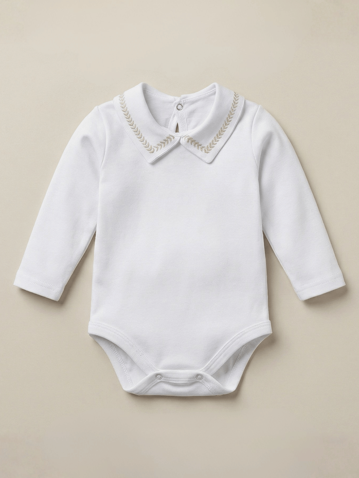 Body Bebê Menino Branco com Gola Polo Trigal Cappuccino Manga Longa 100% Algodão
