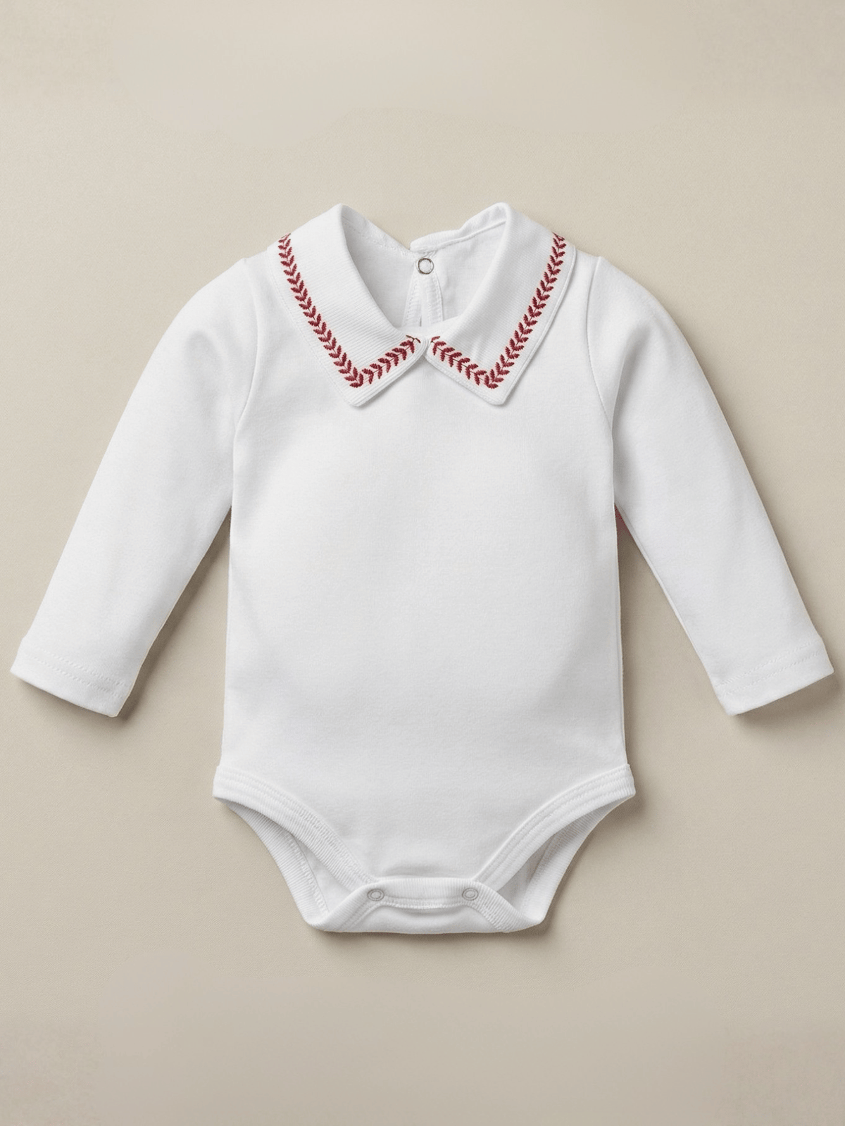 Body Bebê Menino Branco com Gola Polo Trigal Vermelho Manga Longa 100% Algodão