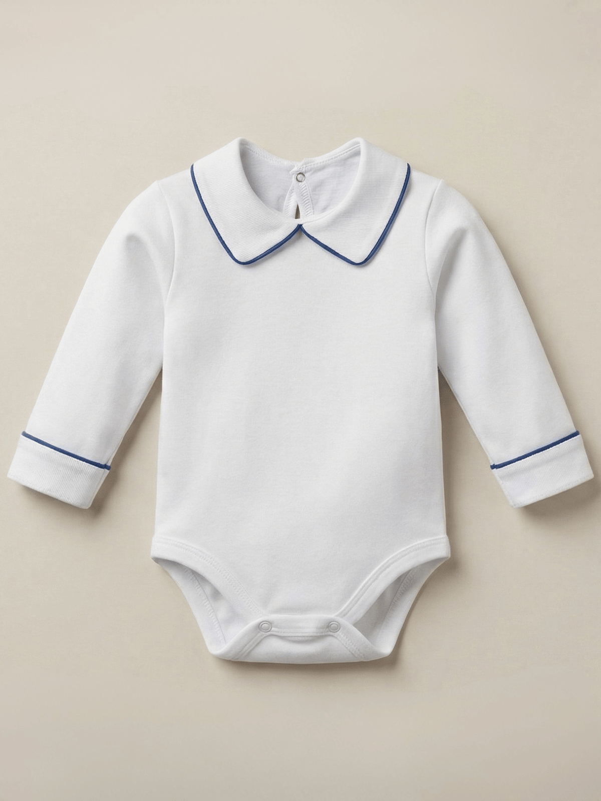 Body Bebê Menino Branco com Gola Polo Vivo Marinho Manga Longa 100% Algodão