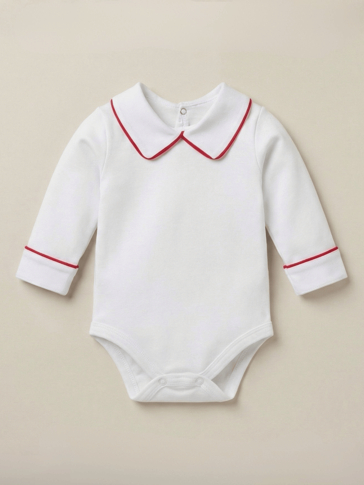 Body Bebê Menino Branco com Gola Polo Vivo Vermelho Manga Longa 100% Algodão