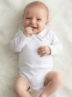 Body Bebê Menino Branco com Gola Polo Trigal Cappuccino Manga Longa 100% Algodão