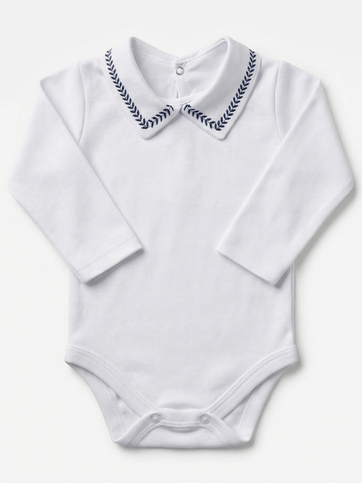 Body Bebê Menino Branco com Gola Polo Trigal Marinho Manga Longa 100% Algodão