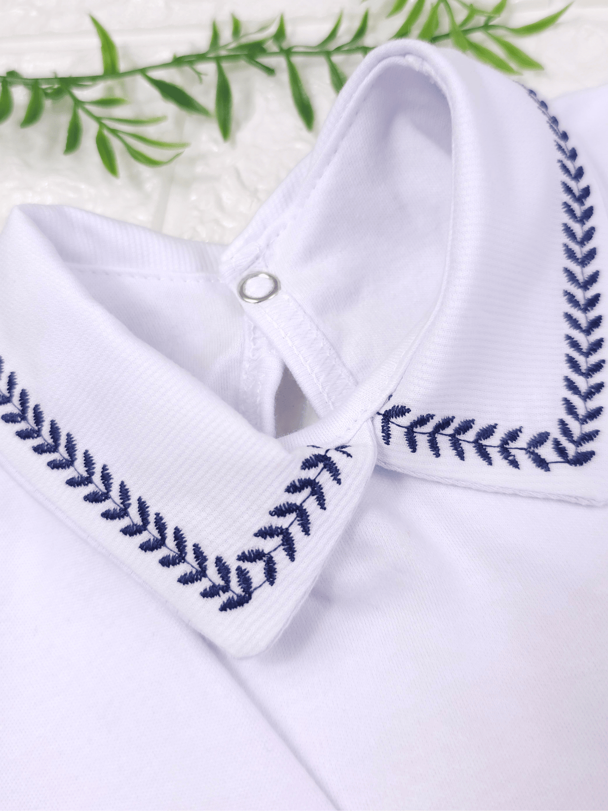 Body Bebê Menino Branco com Gola Polo Trigal Marinho Manga Longa 100% Algodão