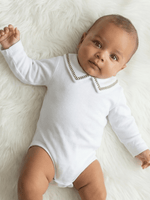 Body Bebê Menino Branco com Gola Polo Trigal Café Manga Longa 100% Algodão