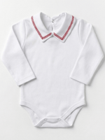 Body Bebê Menino Branco com Gola Polo Trigal Vermelho Manga Longa 100% Algodão