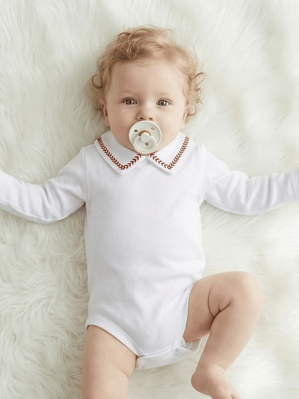 Body Bebê Menino Branco com Gola Polo Trigal Vermelho Manga Longa 100% Algodão