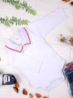 Body Bebê Menino Branco com Gola Polo Trigal Vermelho Manga Longa 100% Algodão