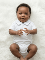 Body Bebê Menino Branco com Gola Polo Vivo Azul Manga Curta 100% Algodão