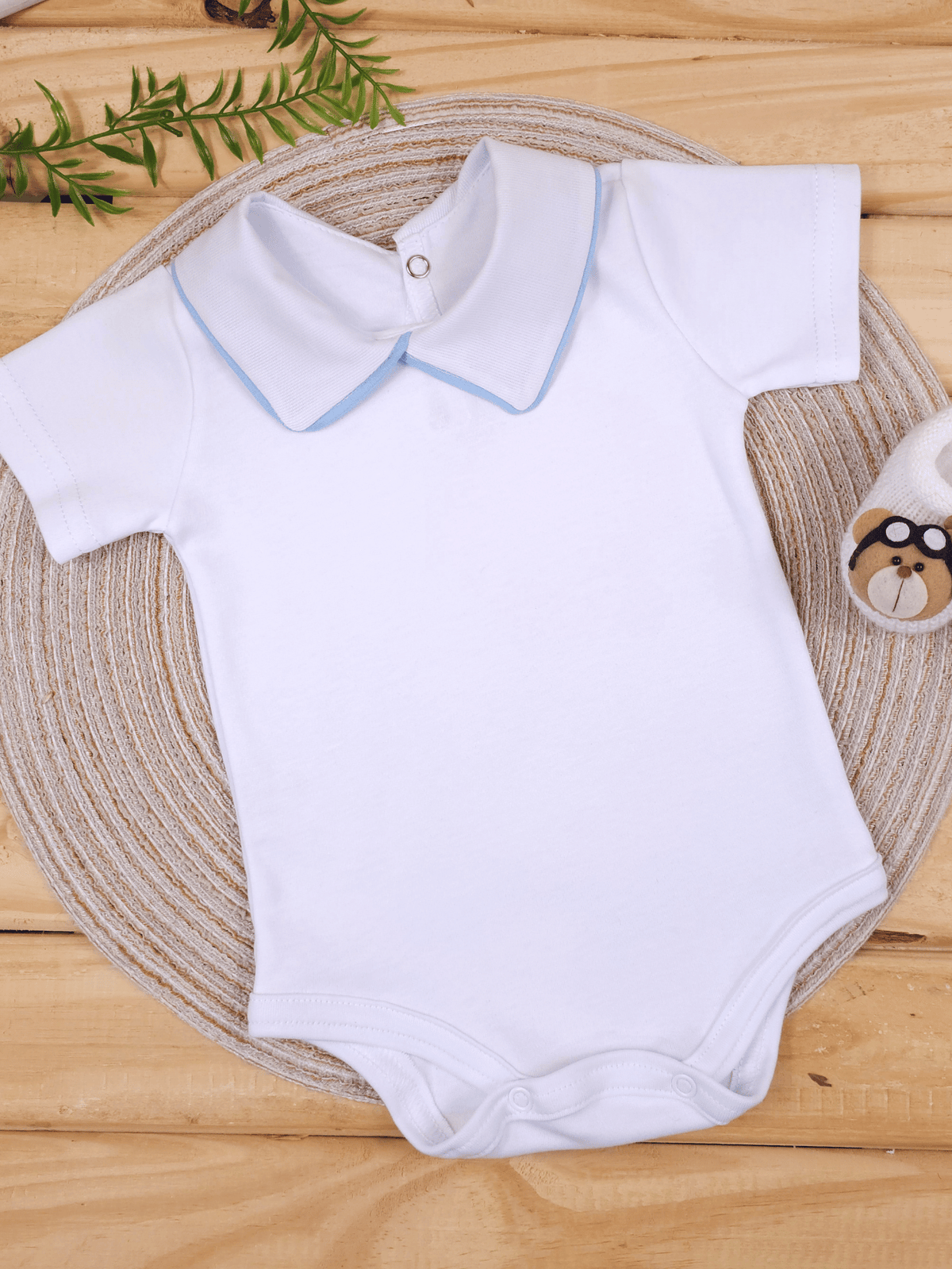 Body Bebê Menino Branco com Gola Polo Vivo Azul Manga Curta 100% Algodão