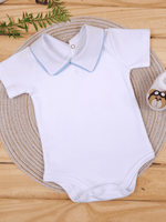 Body Bebê Menino Branco com Gola Polo Vivo Azul Manga Curta 100% Algodão