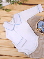 Body Bebê Menino Branco com Gola Polo Vivo Azul Manga Longa 100% Algodão