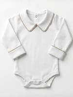 Body Bebê Menino Branco com Gola Polo Vivo Cappuccino Manga Longa 100% Algodão