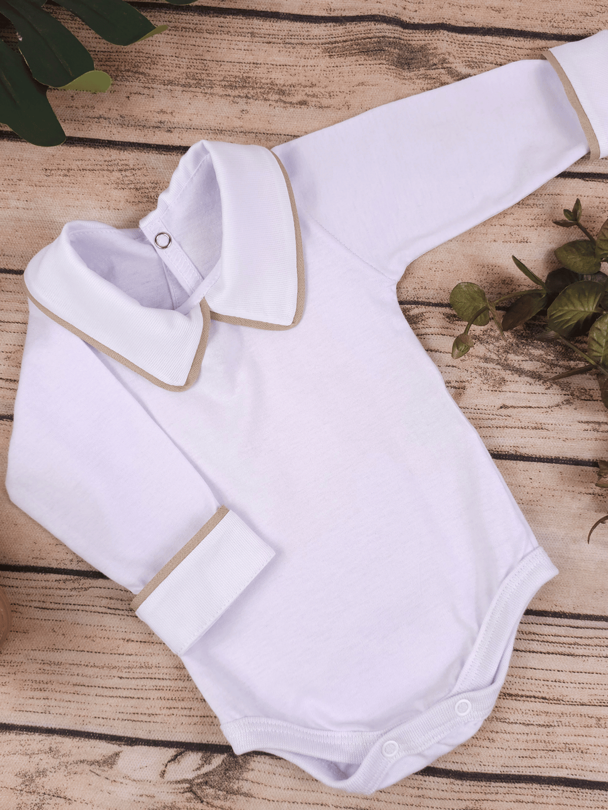 Body Bebê Menino Branco com Gola Polo Vivo Cappuccino Manga Longa 100% Algodão