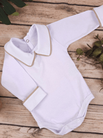 Body Bebê Menino Branco com Gola Polo Vivo Cappuccino Manga Longa 100% Algodão
