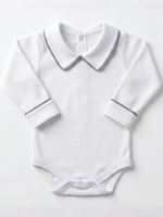 Body Bebê Menino Branco com Gola Polo Vivo Chumbo Manga Longa 100% Algodão