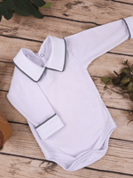 Body Bebê Menino Branco com Gola Polo Vivo Chumbo Manga Longa 100% Algodão