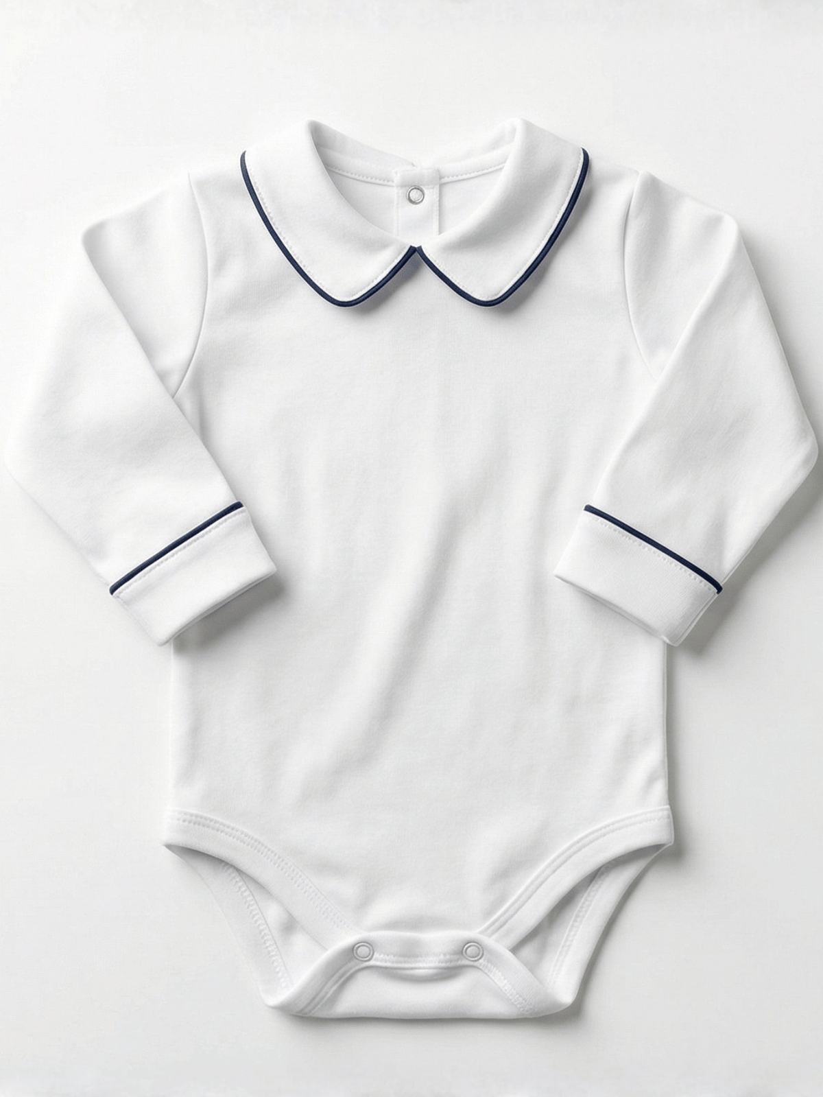Body Bebê Menino Branco com Gola Polo Vivo Marinho Manga Longa 100% Algodão
