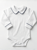 Body Bebê Menino Branco com Gola Polo Vivo Marinho Manga Longa 100% Algodão