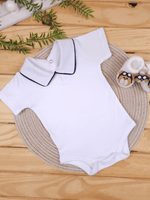 Body Bebê Menino Branco com Gola Polo Vivo Marinho Manga Curta 100% Algodão