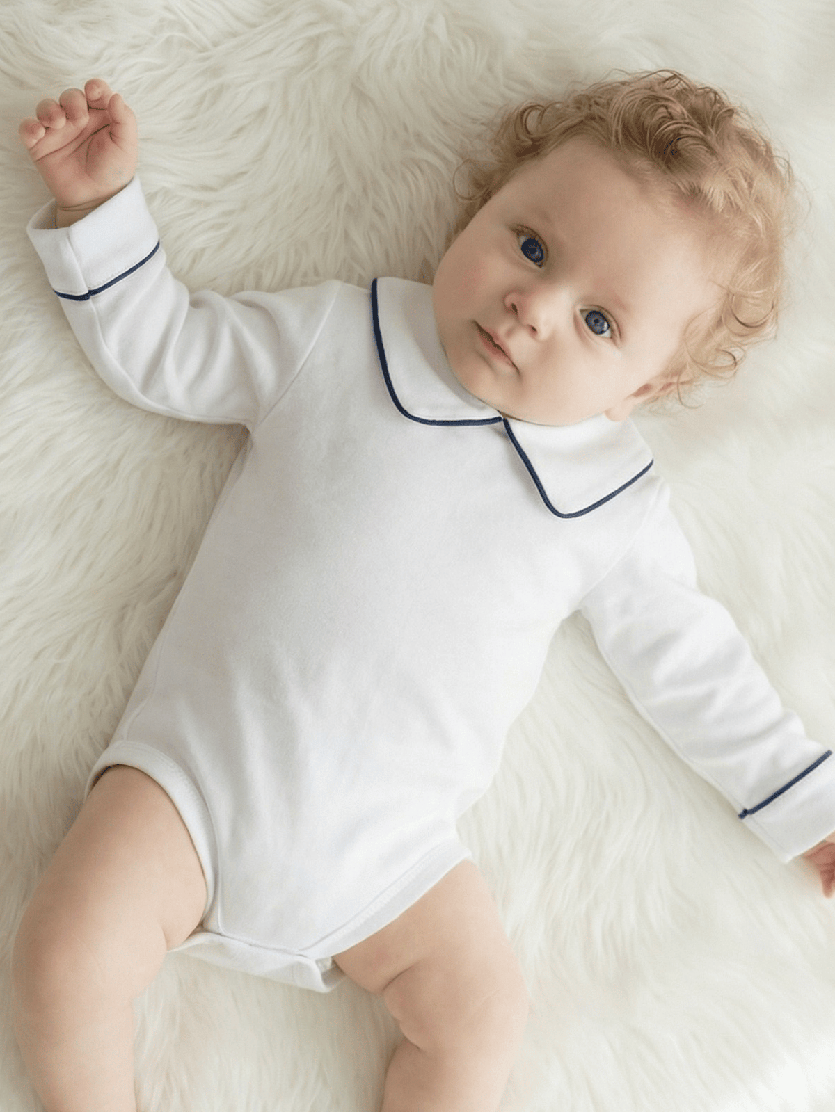 Body Bebê Menino Branco com Gola Polo Vivo Marinho Manga Longa 100% Algodão