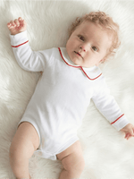 Body Bebê Menino Branco com Gola Polo Vivo Vermelho Manga Longa 100% Algodão