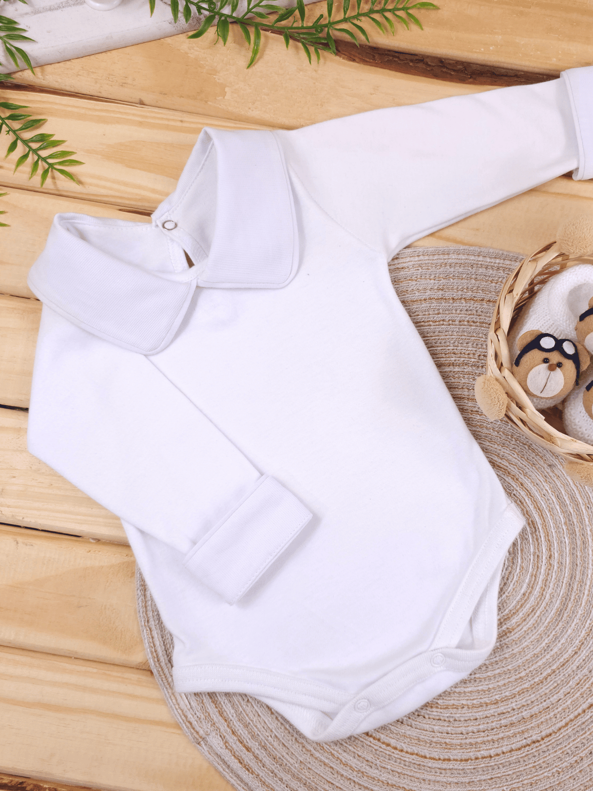 Body Bebê Menino Branco com Gola Polo Vivo Branco Manga Longa 100% Algodão