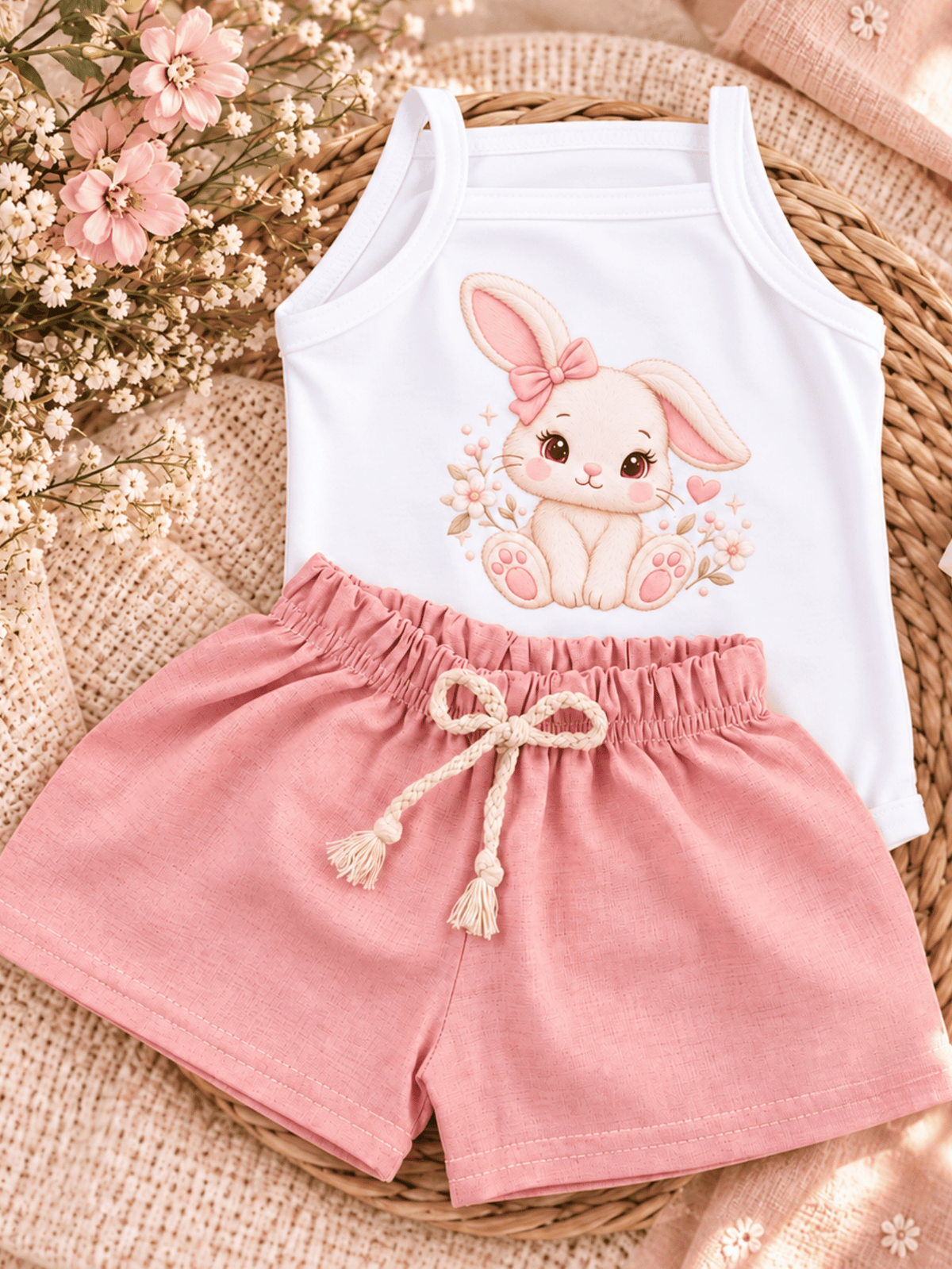 Conjunto Bebê Menina Coelhinha Body Alcinha e Short Linho