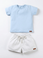 Conjunto Bebê Menino Verão Camiseta Algodão 100% + Short Linho Azul Bebê/Branco (0-4)