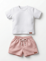 Conjunto Bebê Menino Verão Camiseta Algodão 100% + Short Linho Branco/Rosa (0-4)