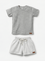Conjunto Bebê Menino Verão Camiseta Algodão 100% + Short Linho Cinza Mescla/Branco (0-4)