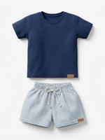 Conjunto Bebê Menino Verão Camiseta Algodão 100% + Short Linho Azul Marinho/Azul (0-4)