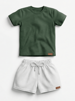Conjunto Bebê Menino Verão Camiseta Algodão 100% + Short Linho Verde Militar/Branco (0-4)