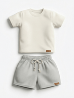 Conjunto Bebê Menino Verão Camiseta Algodão 100% + Short Linho Off-White/Cinza (0-4)