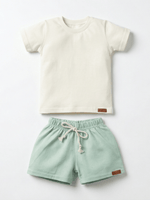 Conjunto Bebê Menino Verão Camiseta Algodão 100% + Short Linho Off-White/Verde (0-4)