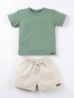 Conjunto Bebê Menino Verão Camiseta Algodão 100% + Short Linho Pistache/Off-White (0-4)