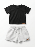 Conjunto Bebê Menino Verão Camiseta Algodão 100% + Short Linho Preto/Branco (0-4)