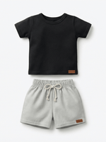 Conjunto Bebê Menino Verão Camiseta Algodão 100% + Short Linho Preto/Cinza (0-4)