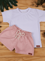 Conjunto Bebê Menino Verão Camiseta Algodão 100% + Short Linho Branco/Rosa (0-4)