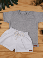 Conjunto Bebê Menino Verão Camiseta Algodão 100% + Short Linho Cinza Mescla/Branco (0-4)