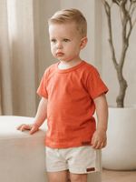 Conjunto Bebê Menino Verão Camiseta Algodão 100% + Short Linho Laranja Ferrugem/Off-White (0-4)