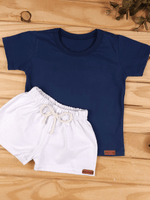 Conjunto Bebê Menino Verão Camiseta Algodão 100% + Short Linho Azul Marinho/Branco (0-4)