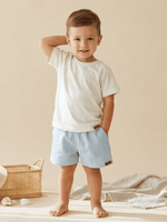 Conjunto Bebê Menino Verão Camiseta Algodão 100% + Short Linho Off-White/Azul (0-4)